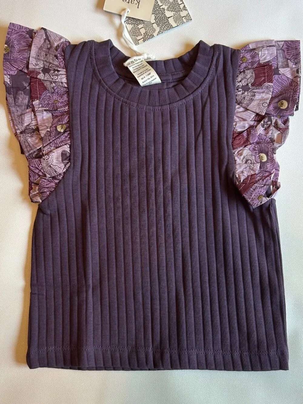 NWT Kate Quinn Ruffle Top 12-18M Vintage Violet Dragonfly Floral Organic Cotton